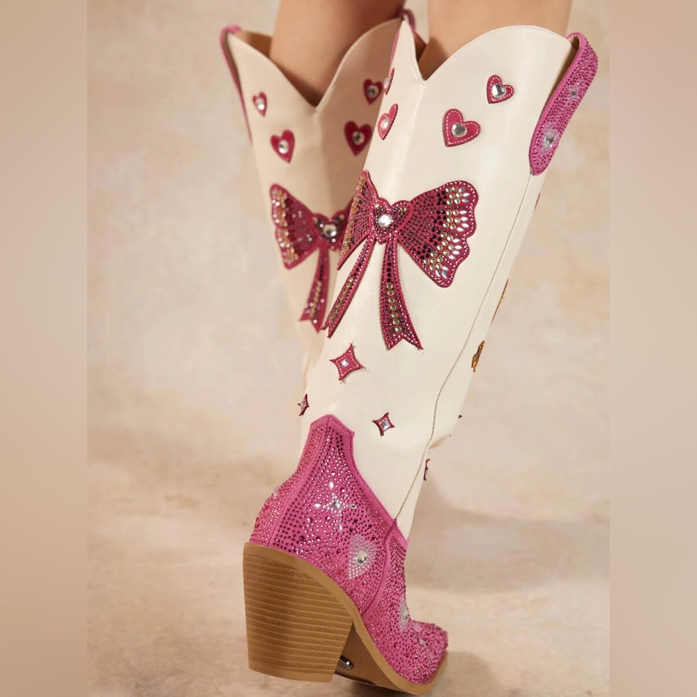 Pink and Cream Embellished Women's Boots - Picture 6 of 12